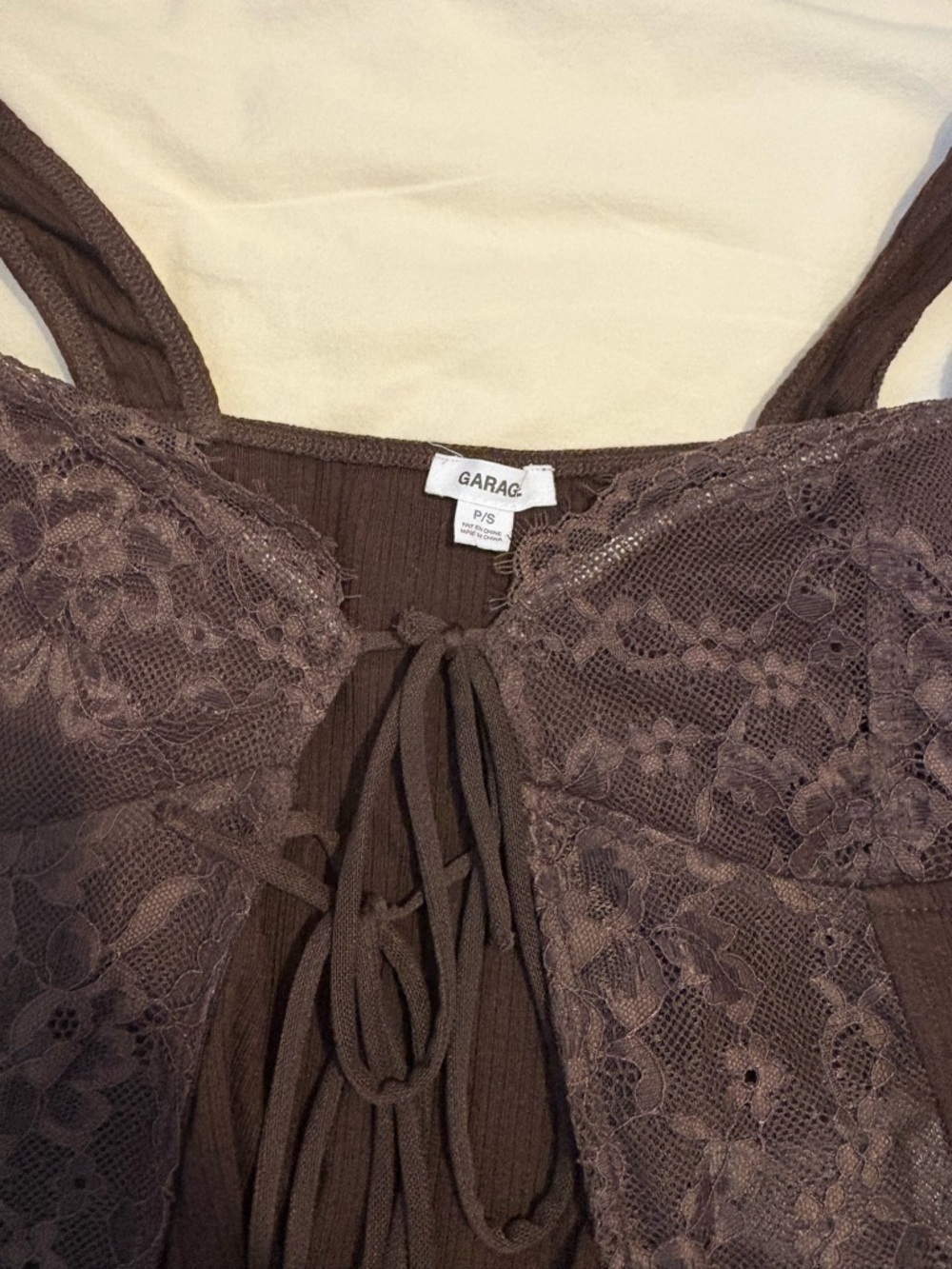 Garage Top Duo- White Ribbed and Brown Lace Tie Front Tops - Picture 2 of 3
